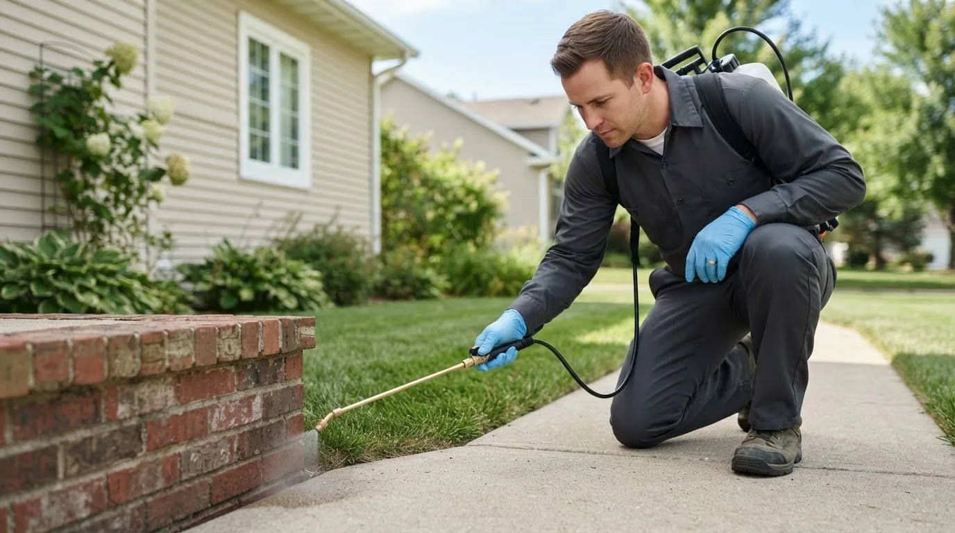 Pest control technician treating a home near Wilberforce, OH